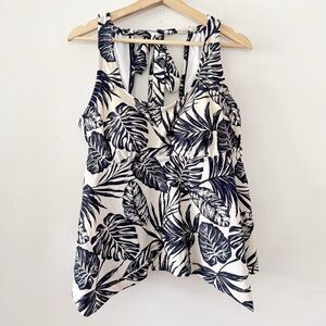 Kona Sol Tankini Top‎ Floral Print Open Back Hankerchief Hem Navy White Swimsuit
